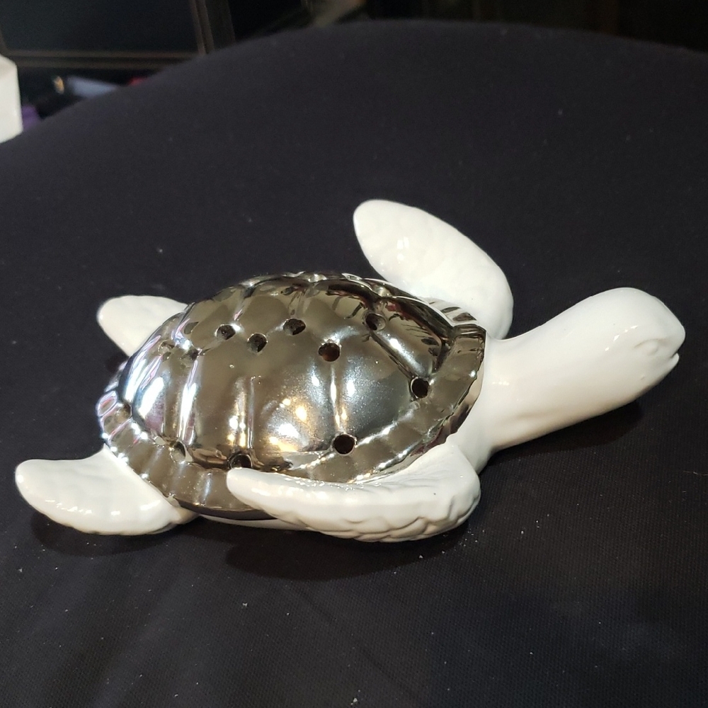 Ceramic Turtle Figurine with Silver Shell